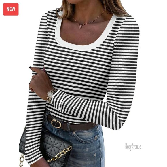 Tops - Long Sleeve Rib Knit Scoop Neck Tee Slim Fit Basic Top